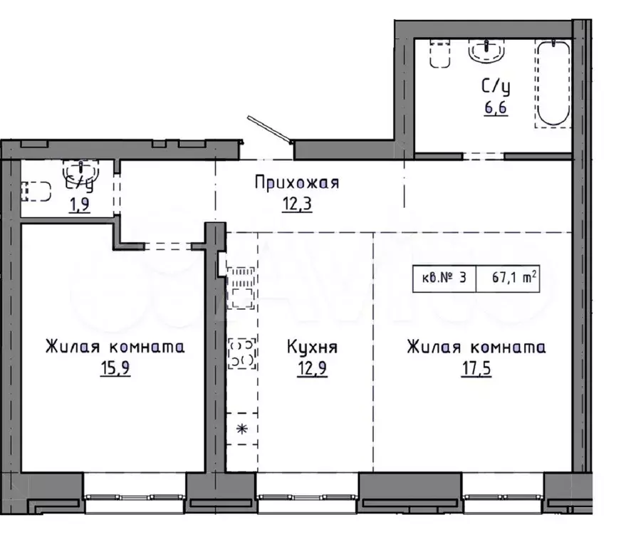 2-к. квартира, 67,1 м, 1/9 эт. - Фото 1