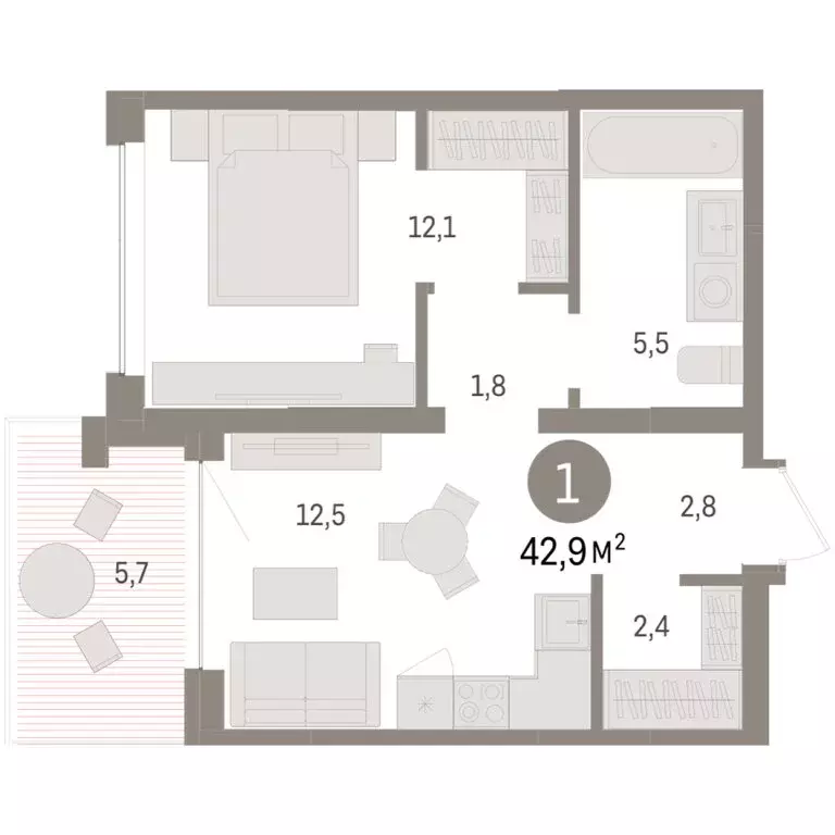 1-комнатная квартира: Тюмень, ЖК Дом у Озера (42.88 м) - Фото 1