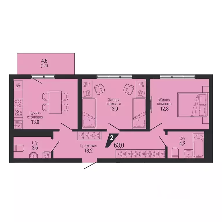 2-к кв. Свердловская область, Екатеринбург Вторчермет жилрайон,  (63.0 ... - Фото 2