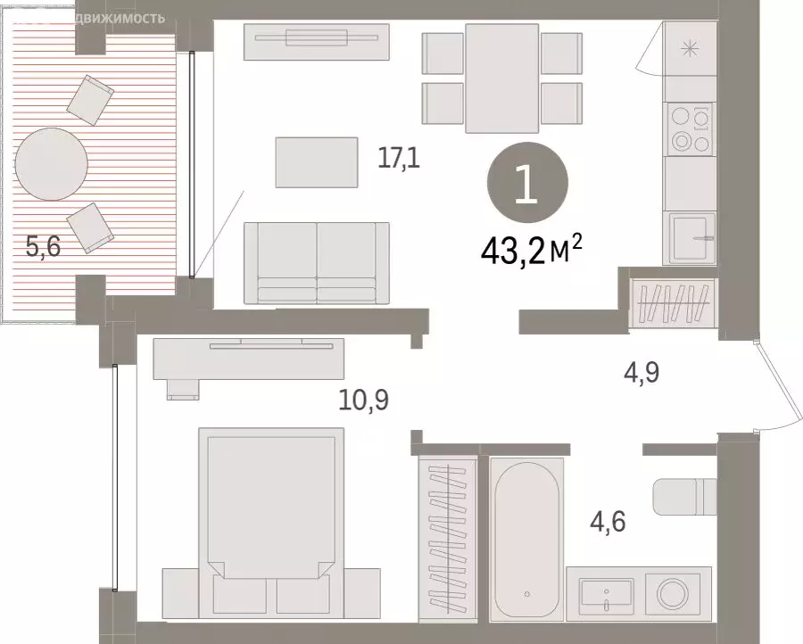 1-комнатная квартира: Тюмень, ЖК Дом у Озера (43.15 м) - Фото 2