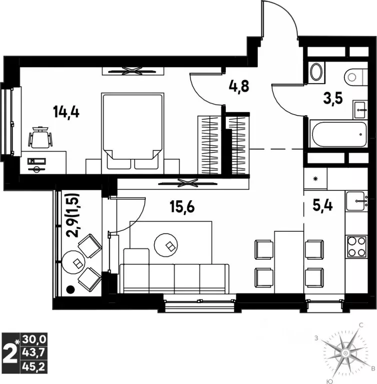 Студия Пермский край, д. Кондратово просп. Дягилева, 2 (45.2 м) - Фото 1