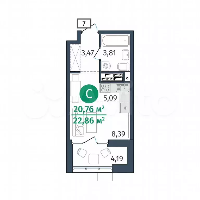 Квартира-студия, 20,8 м, 12/22 эт. - Фото 0