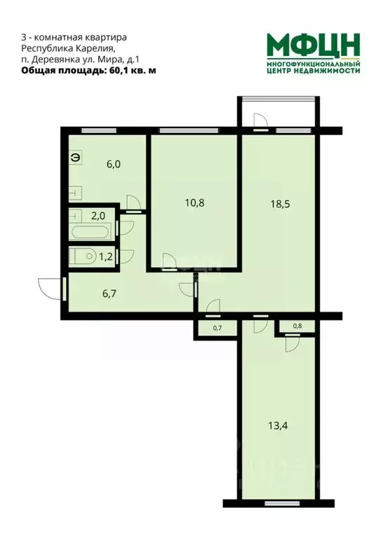 3-к кв. Карелия, Прионежский район, пос. Деревянка ул. Мира, 1 (60.1 ... - Фото 2