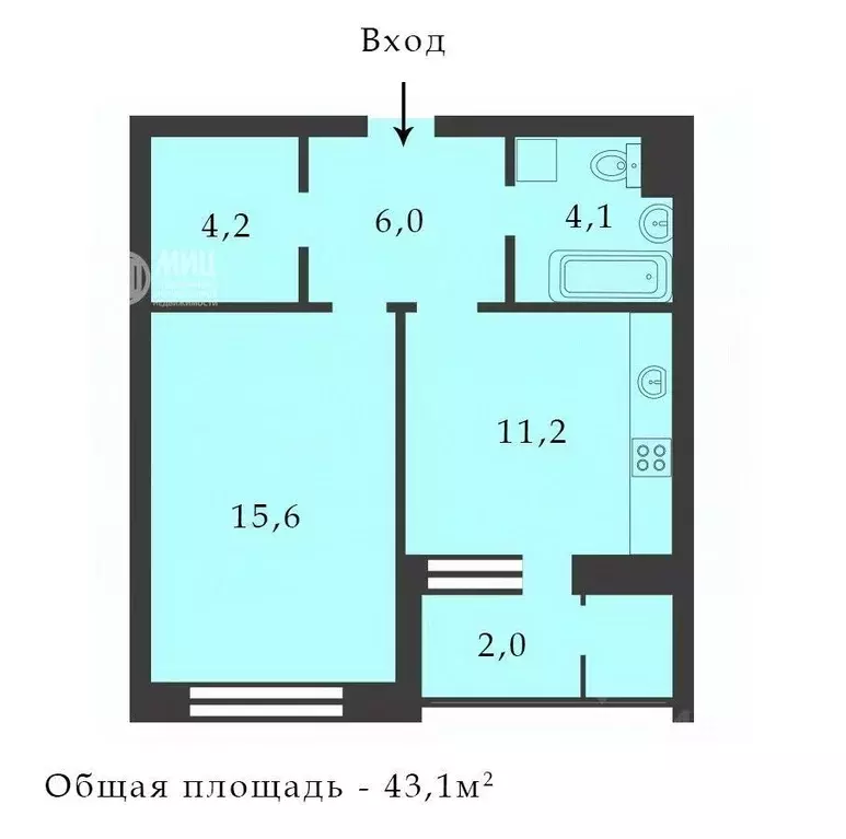 1-к кв. Москва Строительный проезд, 9С6 (43.1 м) - Фото 1