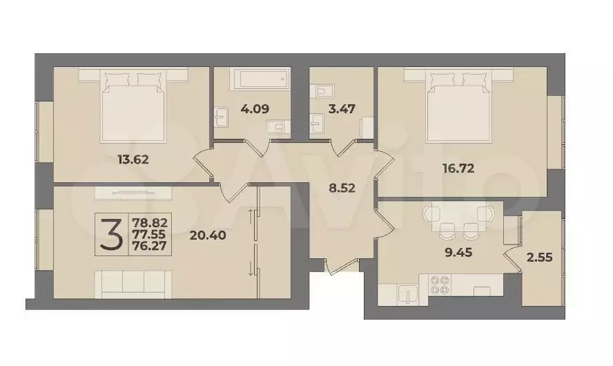 3-к. квартира, 78,8м, 1/9эт. - Фото 1