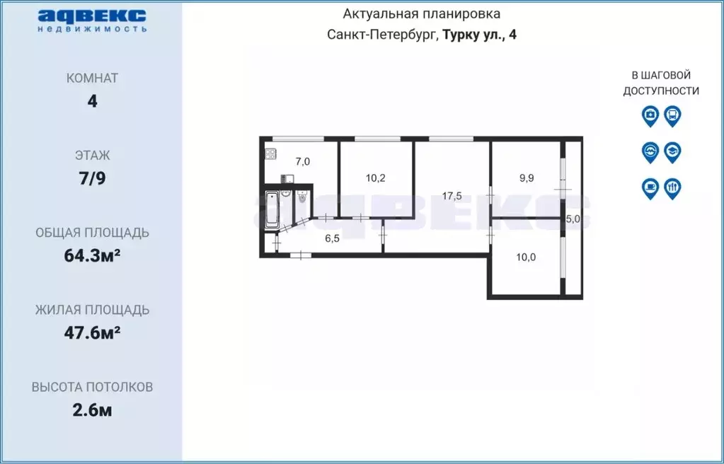 4-к кв. Санкт-Петербург ул. Турку, 4 (64.3 м) - Фото 1