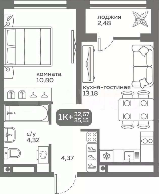 1-к. квартира, 32,7 м, 17/20 эт. - Фото 0