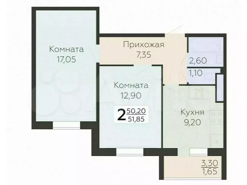 2-к. квартира, 51,9 м, 11/15 эт. - Фото 0