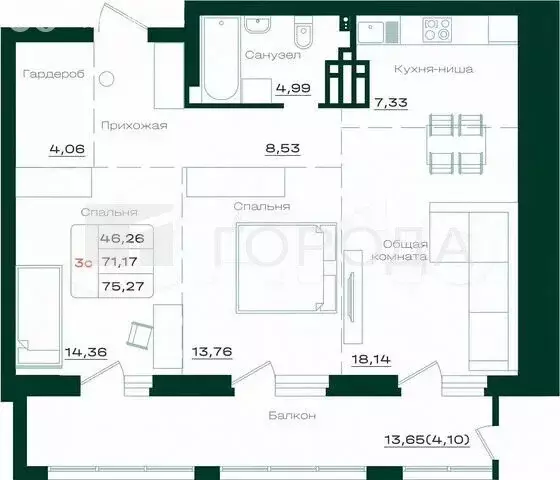 3-комнатная квартира: Барнаул, проспект Строителей, 18к1 (75 м) - Фото 0