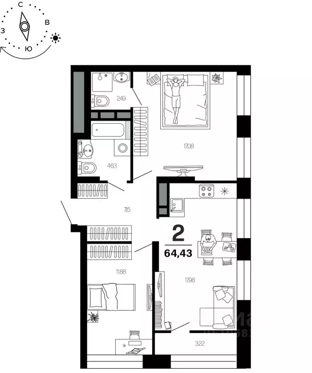 2-к кв. Рязанская область, Рязань Московский р-н, 4-й мкр,  (64.43 м) - Фото 1