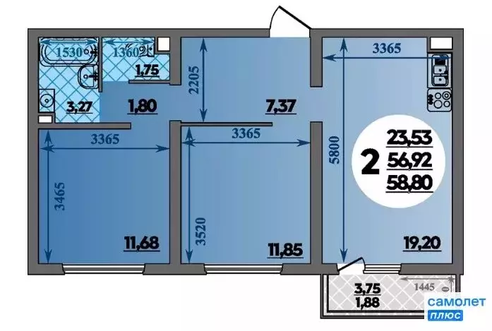 2-комнатная квартира: Анапа, улица Адмирала Пустошкина, 22к10 (58.8 м) - Фото 1