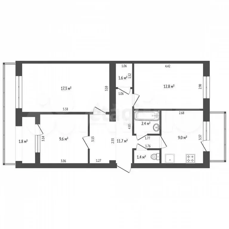 3-к. квартира, 66,1 м, 2/5 эт. - Фото 0