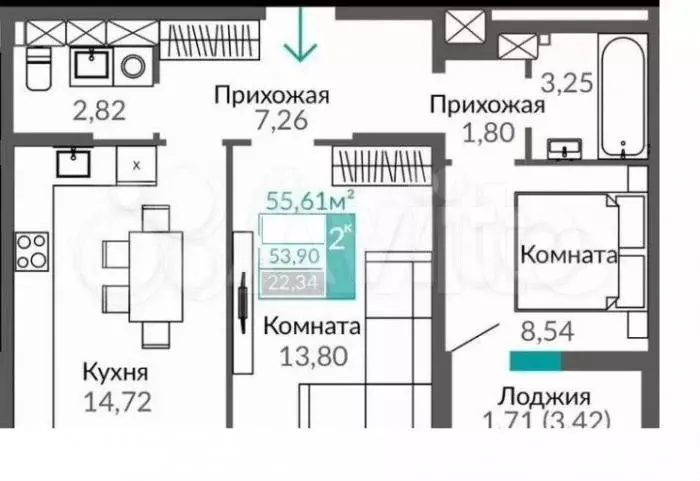 2-к. квартира, 50,8 м, 10/17 эт. - Фото 0