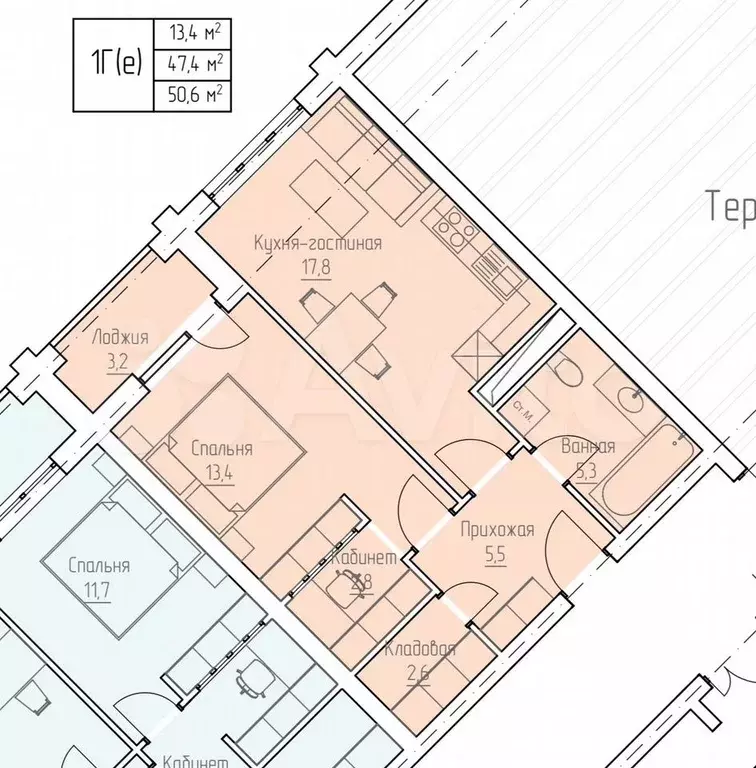 1-к. квартира, 50,6 м, 4/4 эт. - Фото 0