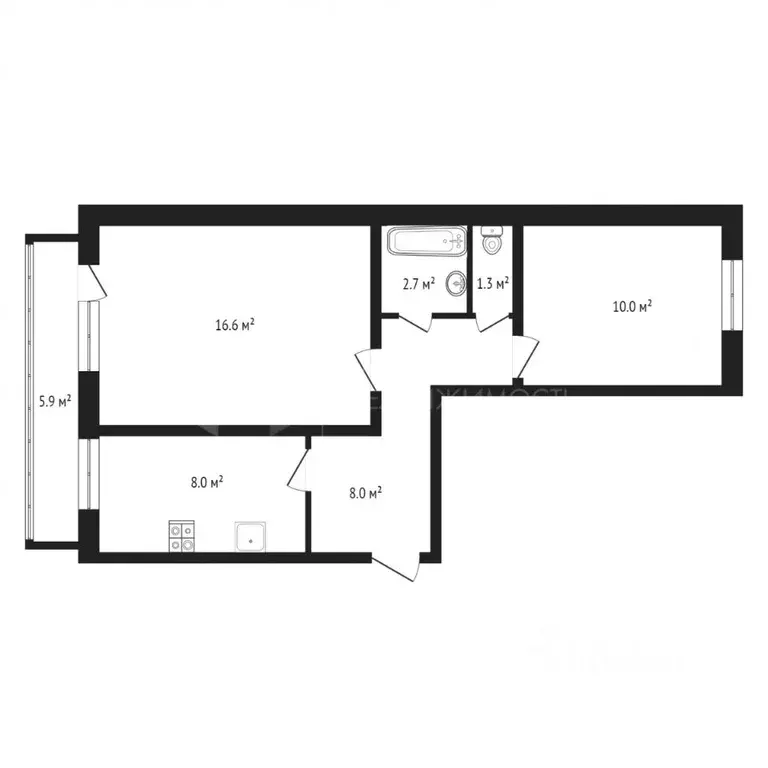 2-к кв. Тюменская область, Тюмень ул. Федюнинского, 13 (48.0 м) - Фото 2