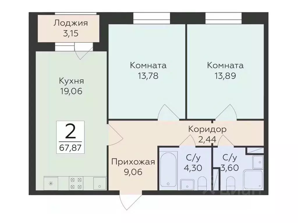 2-к кв. Воронежская область, Воронеж ул. Матросова, 60 (67.87 м) - Фото 0