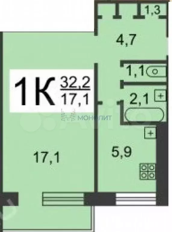 1-к. квартира, 32,4 м, 4/9 эт. - Фото 0