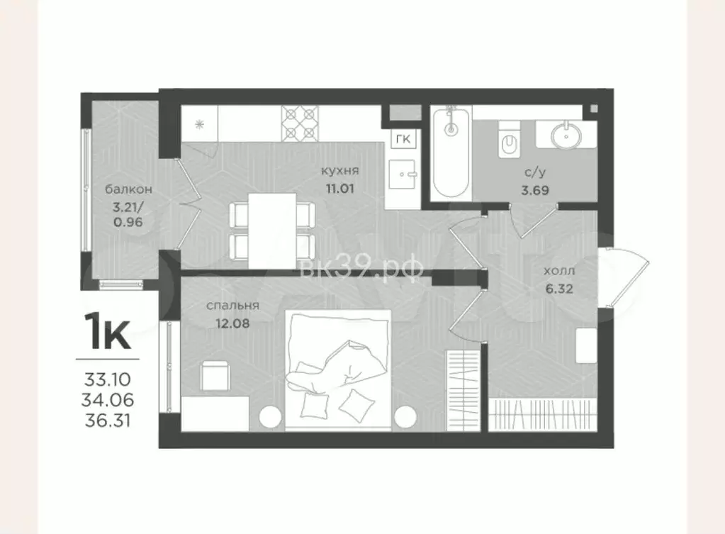 1-к. квартира, 34,1 м, 1/4 эт. - Фото 1