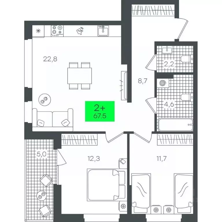 2-к кв. Тюменская область, Тюмень ул. Василия Малкова, 19 (67.54 м) - Фото 0