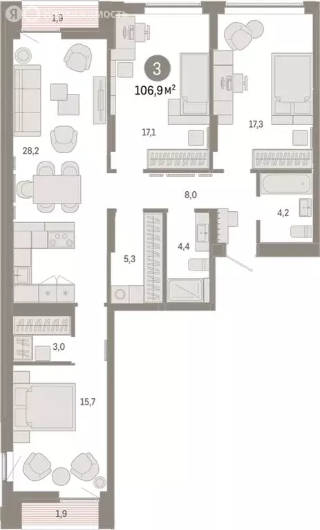 3-комнатная квартира: Екатеринбург, улица Гастелло, 19А (106.93 м) - Фото 1