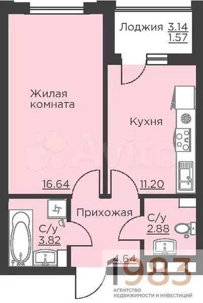 1-к. квартира, 40,8 м, 2/18 эт. - Фото 0