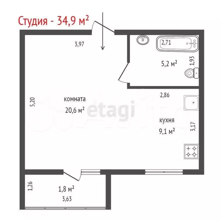 Квартира-студия, 34,9 м, 3/4 эт. - Фото 0