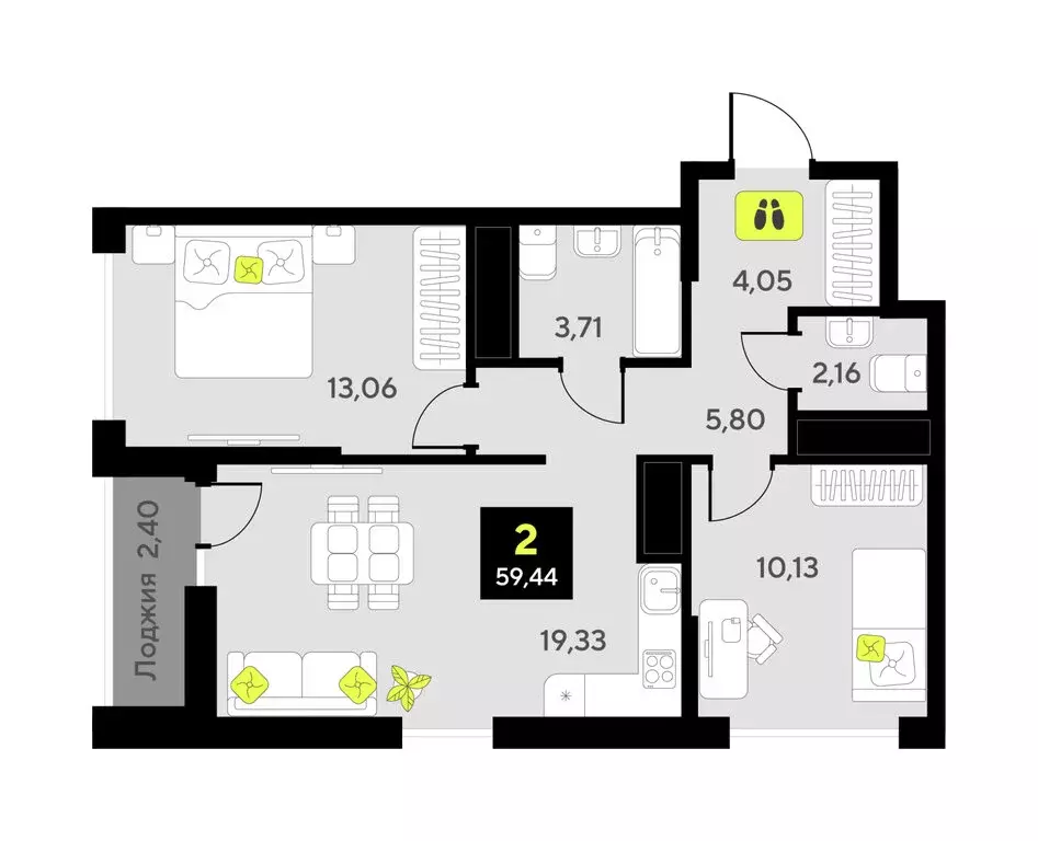 2-комнатная квартира: Тюмень, улица Андрея Приказнова, 7 (57.3 м) - Фото 1