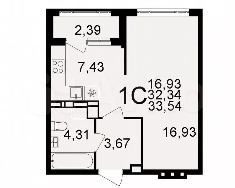 1-к. квартира, 33,5м, 4/20эт. - Фото 1