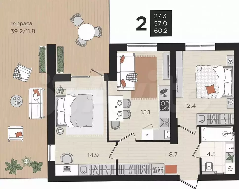 2-к. квартира, 57 м, 1/4 эт. - Фото 0