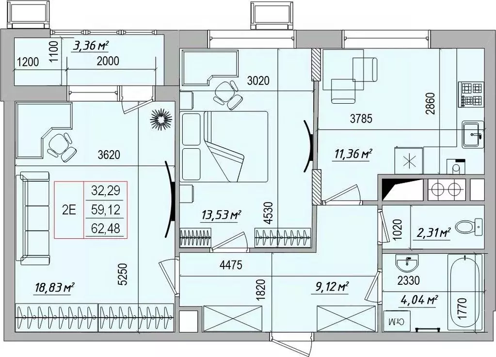 2-к кв. Белгородская область, Белгород ул. Игоря Чернухина, 1 (62.5 м) - Фото 1