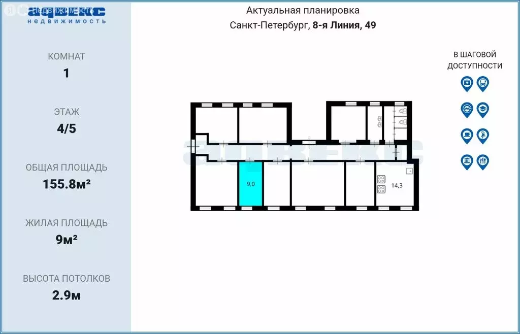 1к в 8-комнатной квартире (9 м) - Фото 0