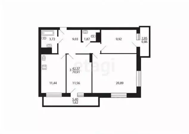 3-к кв. Татарстан, Казань проезд Детский, 1к1 (69.2 м) - Фото 2