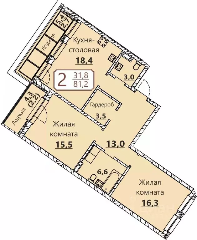 2-к кв. Чувашия, Чебоксары ул. Герцена, поз3 (81.2 м) - Фото 0