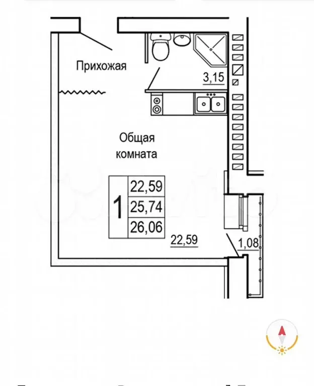 Квартира-студия, 26,6 м, 3/9 эт. - Фото 1