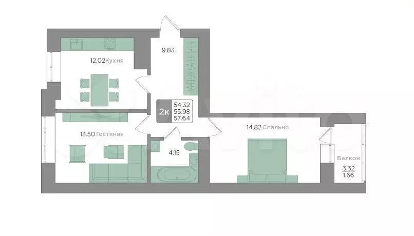 2-к. квартира, 56 м, 1/9 эт. - Фото 1
