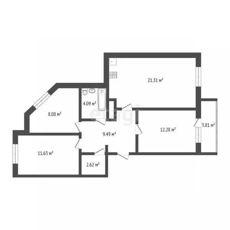 3-к кв. Тюменская область, Тюмень ул. Тимофея Чаркова, 79к3 (70.6 м) - Фото 2