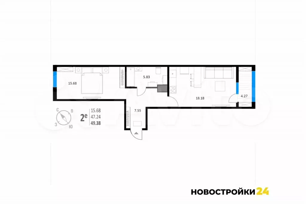 2-к. квартира, 49,4 м, 4/18 эт. - Фото 1