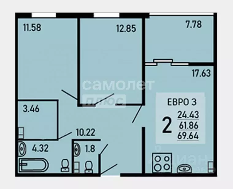 3-к кв. Липецкая область, Липецк Студеновская ул., 23Б (69.64 м) - Фото 1