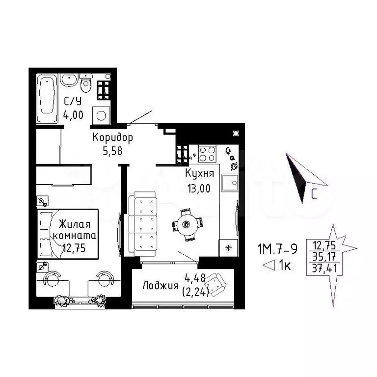 1-к. квартира, 37,4 м, 7/9 эт. - Фото 0