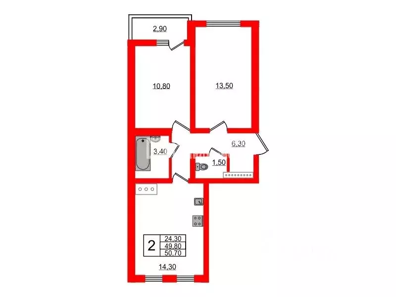 2-к кв. Санкт-Петербург ул. Чарушинская, 22к1 (51.4 м) - Фото 1