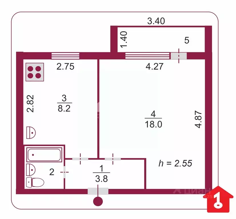 1-к кв. Омская область, Омск ул. Яковлева, 166 (33.6 м) - Фото 2