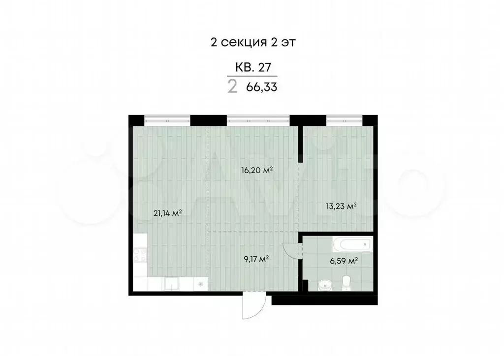 2-к. квартира, 66,3 м, 2/9 эт. - Фото 0