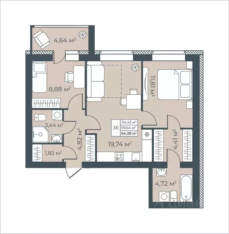 3-к кв. Тульская область, Узловая  (64.28 м) - Фото 1