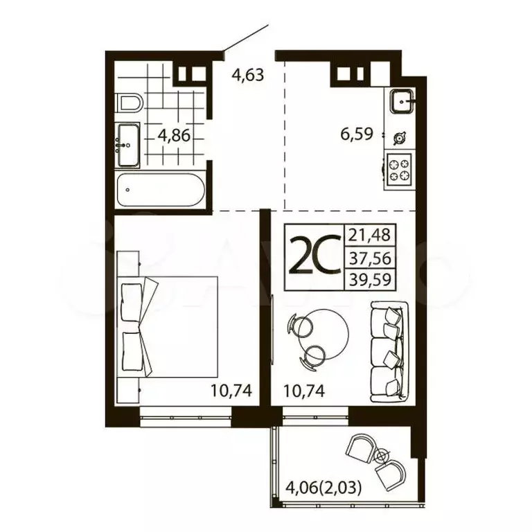 2-к. квартира, 39,6 м, 9/24 эт. - Фото 0