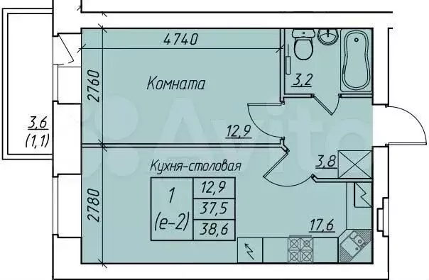 1-к. квартира, 38,6 м, 2/9 эт. - Фото 1