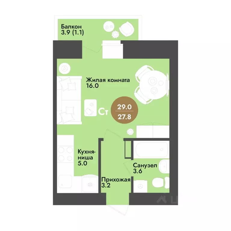 Студия Вологодская область, Вологда ул. Преображенского (29.0 м) - Фото 0