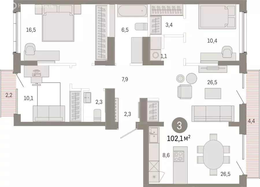 3-комнатная квартира: Омск, Кировский округ (102.09 м) - Фото 1
