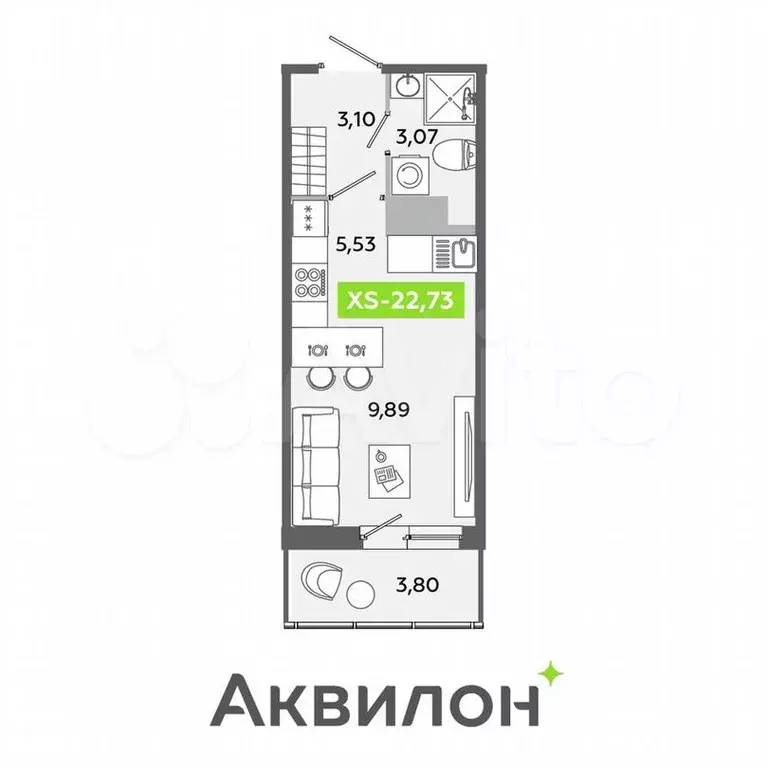 Квартира-студия, 22,7 м, 12/12 эт. - Фото 1