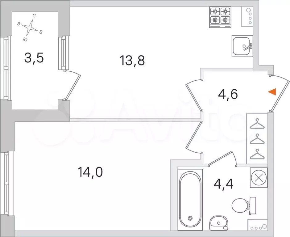 1-к. квартира, 38,6 м, 2/4 эт. - Фото 0