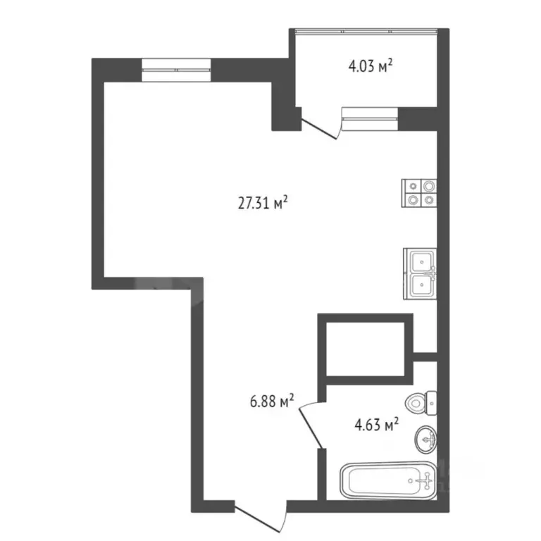 Студия Тюменская область, Тюмень ул. Мельникайте, 2к17 (42.9 м) - Фото 1